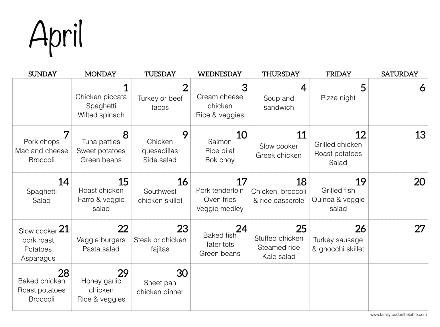 April Meal Plan - Family Food on the Table